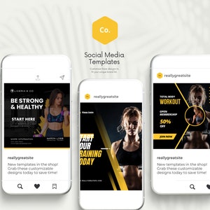 Peut inclure: Trois &eacute;crans de smartphone affichant des mod&egrave;les de m&eacute;dias sociaux pour le fitness et la sant&eacute;. Les mod&egrave;les pr&eacute;sentent des images de femmes s'entra&icirc;nant, avec des superpositions de texte promouvant les entra&icirc;nements, les adh&eacute;sions et l'entra&icirc;nement personnel. La marque "Co." est visible.