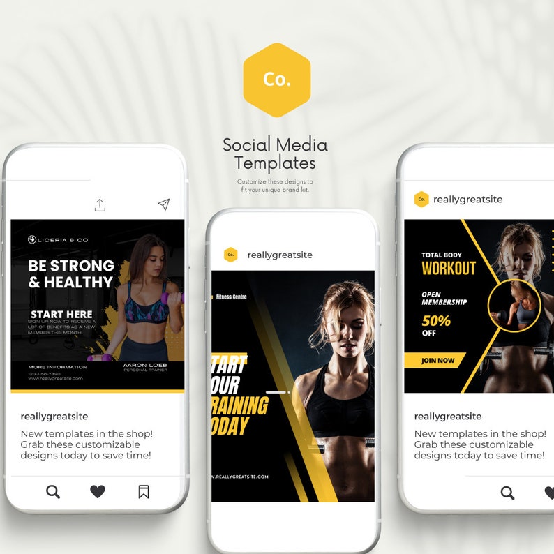Peut inclure: Trois &eacute;crans de smartphone affichant des mod&egrave;les de m&eacute;dias sociaux pour le fitness et la sant&eacute;. Les mod&egrave;les pr&eacute;sentent des images de femmes s'entra&icirc;nant, avec des superpositions de texte promouvant les entra&icirc;nements, les adh&eacute;sions et l'entra&icirc;nement personnel. La marque "Co." est visible.