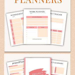Puede incluir: Una colección de planificadores imprimibles con una combinación de colores melocotón y blanco. La parte superior de la imagen dice "PLANNERS" en naranja. Los planificadores incluyen secciones para logros, trabajo y planificación de proyectos. La portada del planificador de proyectos dice "PROJECT PLANNER 2022".