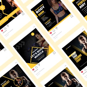 Peut inclure: Plusieurs publications sur les r&eacute;seaux sociaux sur le th&egrave;me de la remise en forme. Chaque publication pr&eacute;sente des images de femmes s'entra&icirc;nant, avec du texte en jaune et blanc. Les publications font la promotion de services tels que l'entra&icirc;nement cardio et la perte de poids.