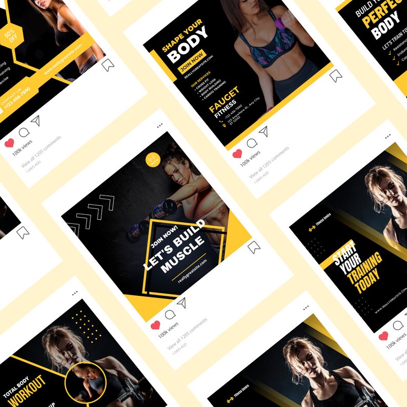 Peut inclure: Plusieurs publications sur les r&eacute;seaux sociaux sur le th&egrave;me de la remise en forme. Chaque publication pr&eacute;sente des images de femmes s'entra&icirc;nant, avec du texte en jaune et blanc. Les publications font la promotion de services tels que l'entra&icirc;nement cardio et la perte de poids.
