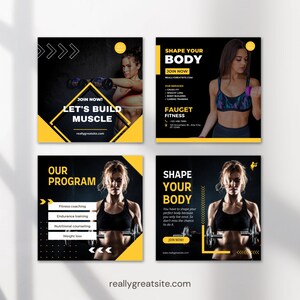 Peut inclure: Publicit&eacute; sur le th&egrave;me du fitness avec un sch&eacute;ma de couleurs noir et jaune. Le texte comprend "Let's Build Muscle", "Shape Your Body" et "Our Program". Les images pr&eacute;sentent des femmes s'entra&icirc;nant avec des poids et des halt&egrave;res. Le site Web est reallygreatsite.com.