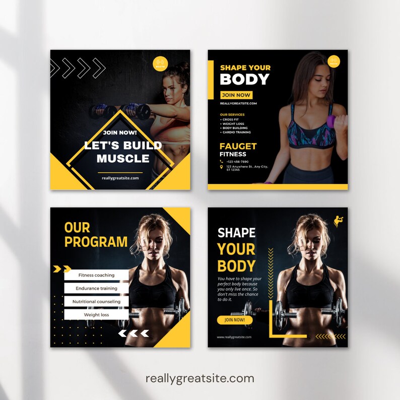 Peut inclure: Publicit&eacute; sur le th&egrave;me du fitness avec un sch&eacute;ma de couleurs noir et jaune. Le texte comprend "Let's Build Muscle", "Shape Your Body" et "Our Program". Les images pr&eacute;sentent des femmes s'entra&icirc;nant avec des poids et des halt&egrave;res. Le site Web est reallygreatsite.com.