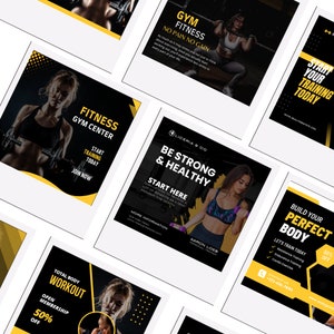 Peut inclure: Plusieurs graphiques promotionnels sur le th&egrave;me du fitness, avec un code couleur noir et jaune. Les graphiques pr&eacute;sentent des images de personnes s'entra&icirc;nant, ainsi que du texte faisant la promotion des abonnements &agrave; la salle de sport, de l'entra&icirc;nement personnel et des programmes d'entra&icirc;nement. Le texte comprend "Gym Fitness", "Be Strong & Healthy".