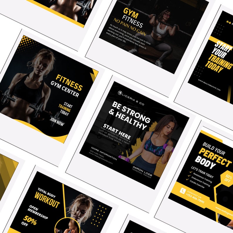 Peut inclure: Plusieurs graphiques promotionnels sur le th&egrave;me du fitness, avec un code couleur noir et jaune. Les graphiques pr&eacute;sentent des images de personnes s'entra&icirc;nant, ainsi que du texte faisant la promotion des abonnements &agrave; la salle de sport, de l'entra&icirc;nement personnel et des programmes d'entra&icirc;nement. Le texte comprend "Gym Fitness", "Be Strong & Healthy".