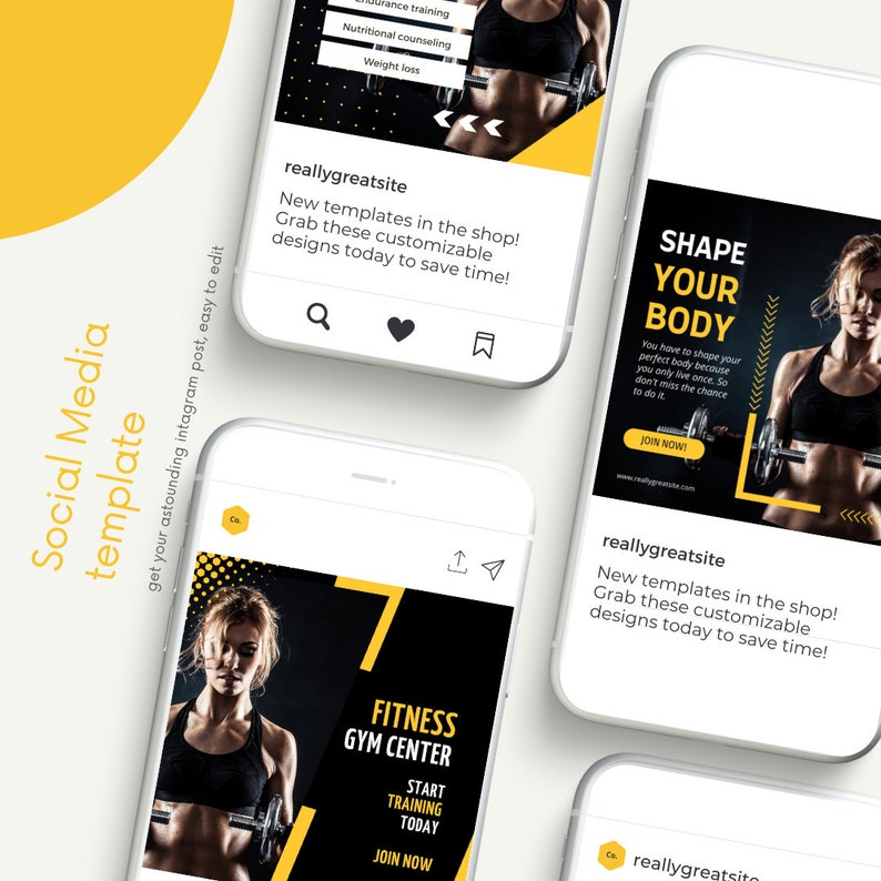 Peut inclure: Plusieurs &eacute;crans de smartphones affichent des mod&egrave;les de m&eacute;dias sociaux pour les promotions de fitness et de gym. Les designs pr&eacute;sentent des images de femmes s'entra&icirc;nant, avec des superpositions de texte en jaune et noir.