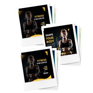 Peut inclure: Plusieurs tirages de style polaroid pr&eacute;sentant une femme soulevant des poids. Les tirages ont un design noir et jaune avec le texte "FITNESS GYM CENTER" et "START TRAINING TODAY". Un tirage indique "SHAPE YOUR BODY".