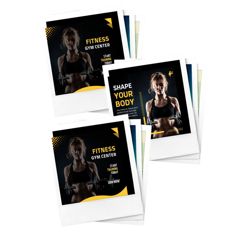 Peut inclure: Plusieurs tirages de style polaroid pr&eacute;sentant une femme soulevant des poids. Les tirages ont un design noir et jaune avec le texte "FITNESS GYM CENTER" et "START TRAINING TODAY". Un tirage indique "SHAPE YOUR BODY".