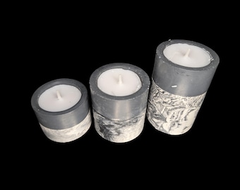 Set of 3 Concrete Tea Light Candle Holders – Gray & Marble Half Design | Modern Minimalist Home Decor | Handmade Cement Candle Set