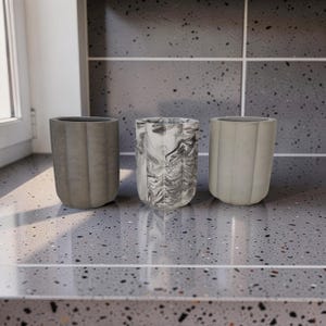 Fluted Concrete Storage Jar - Scandi Style Ribbed Vanity Canister - Minimalist Makeup Brush Holder, Pencil Cup, or Toothbrush Holder