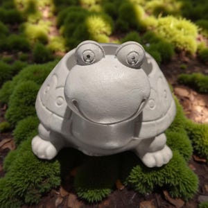 Puede incluir: Una maceta con forma de tortuga gris claro con una cara sonriente y ojos grandes. La tortuga está sobre musgo verde, creando un encantador acento de jardín. La maceta está hecha de un material duradero.