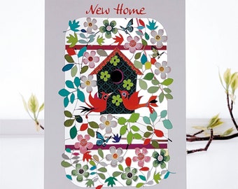 New Home Card - ''New Home'' - Birds and Birdbox - Unique New Home Card - Made in the UK (PM-281)