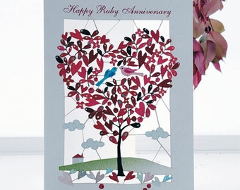 Carte d'arbre de coeur d'anniversaire de mariage rubis, carte de 40e anniversaire de rubis, carte pop-up, carte pour elle, carte pour lui - fabriquée au Royaume-Uni / PM-110