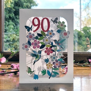 90th Birthday Hummingbird Card - Age 90th Birthday Card, 90 age birthday card, Card for her, Card for him - Made in the UK (GF-090) bild 1