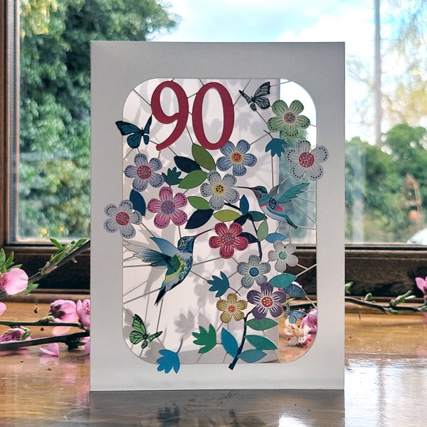 90th Birthday Hummingbird Card - Age 90th Birthday Card, 90 age birthday card, Card for her, Card for him - Made in the UK (GF-090)