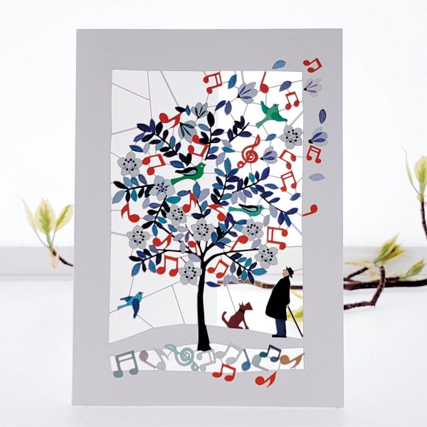 Arbre musical - Homme et chien - Carte vierge - Carte d'anniversaire, Carte pour elle, Carte pour lui, Fabriqué au Royaume-Uni (PM-149)