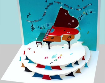 Piano Card, Music note card,  - ''Happy Birthday'' Pop Up Card,  Card for her, Card for him - Made in the UK /POP183