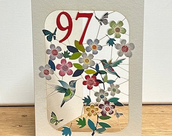 97th Birthday Hummingbird Card - Age 97th Birthday Card, 97 age birthday card, Card for her, Card for him - Made in the UK (GF-097)