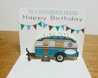 Mini Happy Birthday Caravan kaart, opa, oma, vriend, pop-up kaart, caravan verjaardag, verjaardagskaart, kaart voor haar, kaart voor hem
