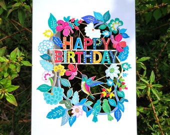 Unique Hummingbird and Flowers Card - ''Happy Birthday'' Card, Birthday Card, Card for her, Card for him - Made in the UK (OS123)