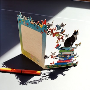 Cat, Butterflies and Books - &#39;&#39;Happy Birthday&#39;&#39; Cut Out Card - Birthday Card, Card for Him, Card for Her - Made in the UK  (BAT-002)