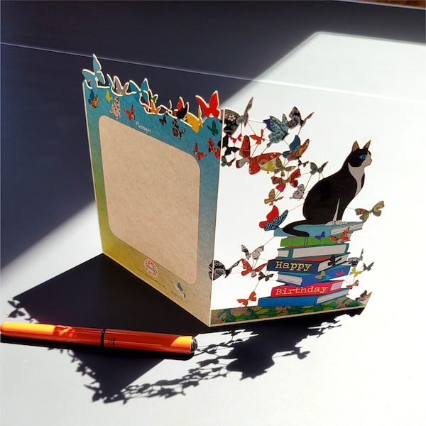 Cat, Butterflies and Books - ''Happy Birthday'' Cut Out Card - Birthday Card, Card for Him, Card for Her - Made in the UK  (BAT-002)