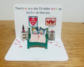Mini Cats in bed Valentines Day Card, Mini pop up card, There's no one else I'd rather warm up my feet on, I love you, Cat lovers card.