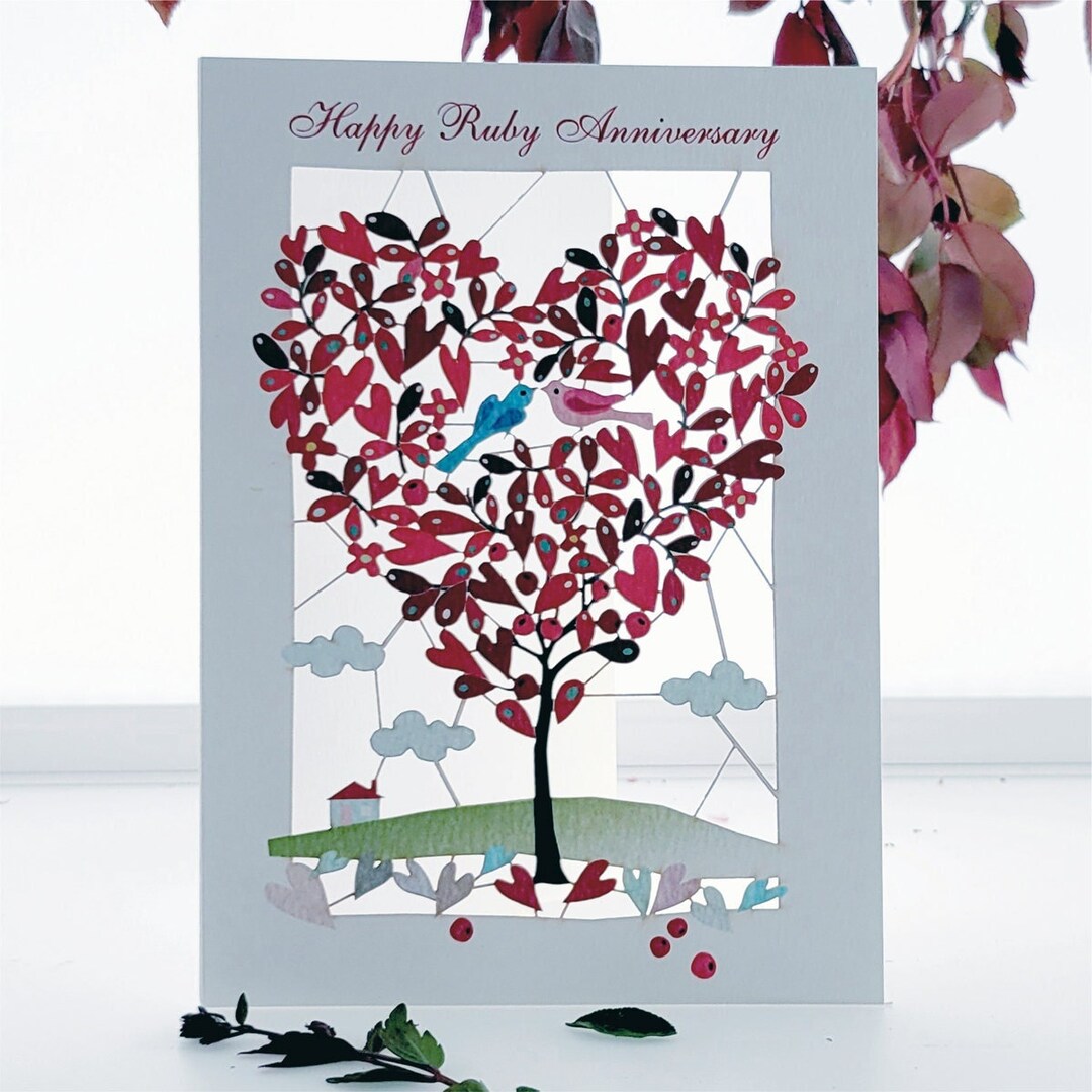 Ruby Wedding Anniversary Heart Tree Card, 40th Ruby Anniversary Card ...