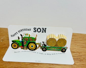 Mini Son Birthday Tractor card, Card for my Son, Tractor Lover Card, Farmer card, Pop Up Card, Man, dog and a Tractor Card, Son Birthday