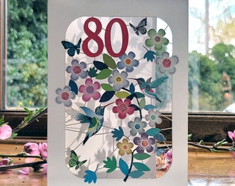 80th Birthday Hummingbird Card - Age 80th Birthday Card, 80 age birthday card, Card for her, Card for him - Made in the UK (GF-080)