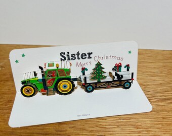 Mini Sister Christmas Tractor card, Merry Christmas Card, Christmas Tractor Card, Sister Christmas Card, Xmas Card, Mini pop up card