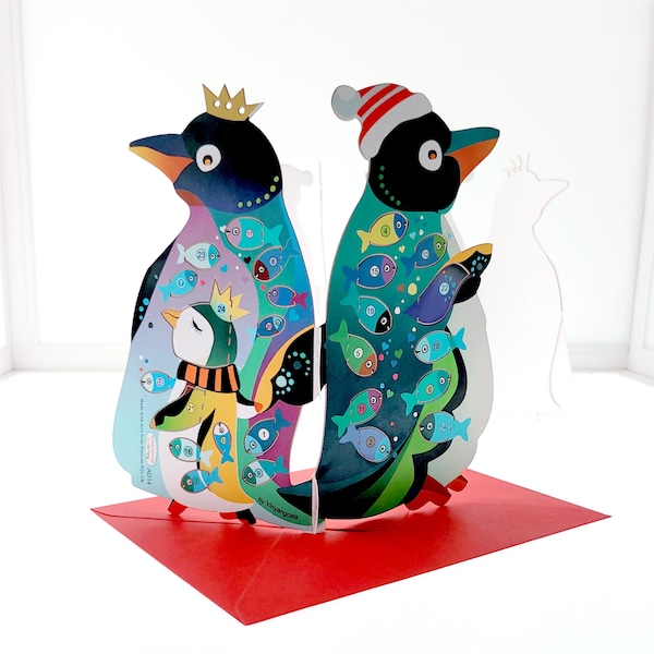 Advent Calendar Card - Penguins - Unique Christmas Card - 3D Cards - Christmas Advent - Card for her - Card for him - Made in the UK - Ad-14