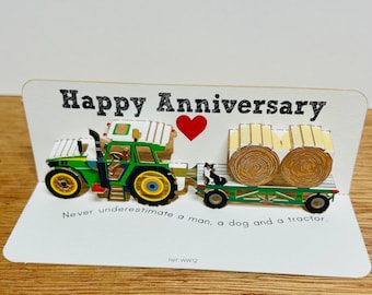 Mini Anniversary Tractor card, Happy Anniversary Card, Tractor Lover Card, Farmer card, Pop Up Card, Man, dog and a Tractor Card,