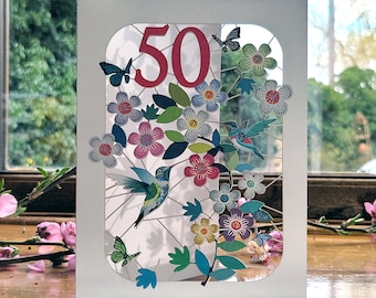 50th Hummingbird Card - Age 50th Birthday Card, 50 age birthday card, Card for her, Card for him - Made in the UK (GF-050)
