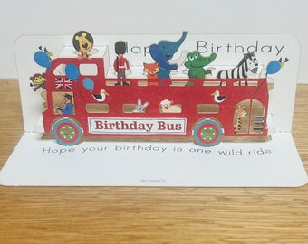 Mini Birthday Bus Card, Red Bus, Animal Birthday Bus, Happy Birthday, Card for her, Card for him, Mini pop up card, Red Birthday Bus Card