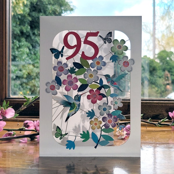 95th Birthday Hummingbird Card - Age 95th Birthday Card, 95 age birthday card, Card for her, Card for him - Made in the UK (GF-095)