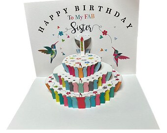 Sister Birthday Pop Up Card,  Birthday Card, Happy Birthday card, Card for Her, Sister Birthday Card, Hummingbird Card- Made in the UK