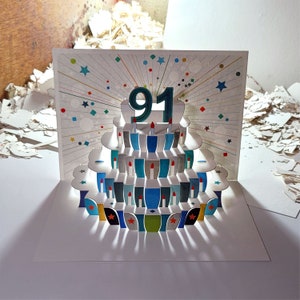 May include: A white card with a pop-up cake design. The cake is decorated with blue and green frosting and has the number "91" on top. The card is perfect for a 91st birthday.