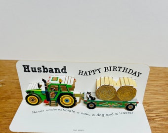 Mini man verjaardag tractor kaart, kaart voor mijn man, tractor minnaar kaart, boerenkaart, pop-up kaart, man, hond en een tractorkaart