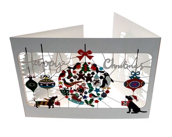 Christmas Card, Dogs and Baubles -  3 fold Christmas card, 3D Cards, Xmas Pop Up Card,  Card for her, Card for him - Made in the UK - 3X008