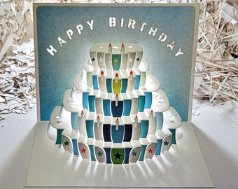 Blue Cake - ''Happy Birthday'' - Pop Up Card,  Card for her, Card for him - Made in the UK (P-296)