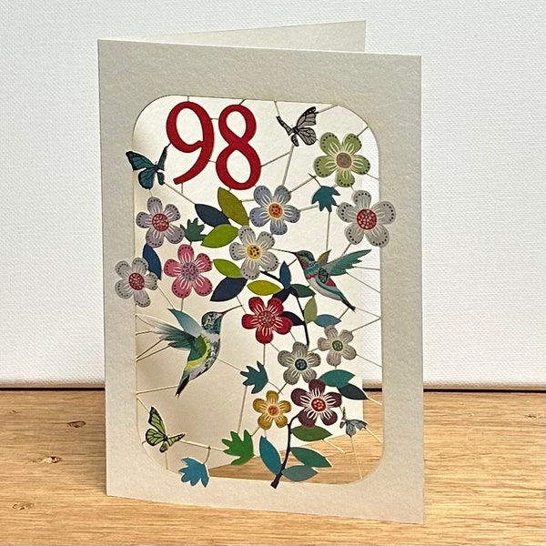 98. Geburtstag Kolibri Karte - Alter 98. Geburtstagskarte, 98 Alter Geburtstagskarte, Karte für sie, Karte für ihn - Made in UK (GF-098)