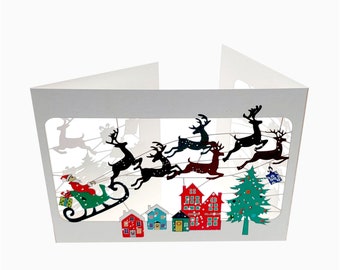 Christmas Card, Santa Bringing Presents -  3 fold unique Christmas card, 3D Cards, Card for her, Card for him - Made in the UK - 3X003