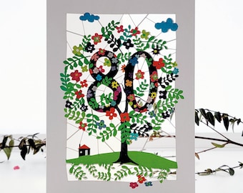 80th Birthday Tree Card, Age 80th Birthday Card, 80 age birthday card, Card for her, Card for him - Made in the UK (PM-180)