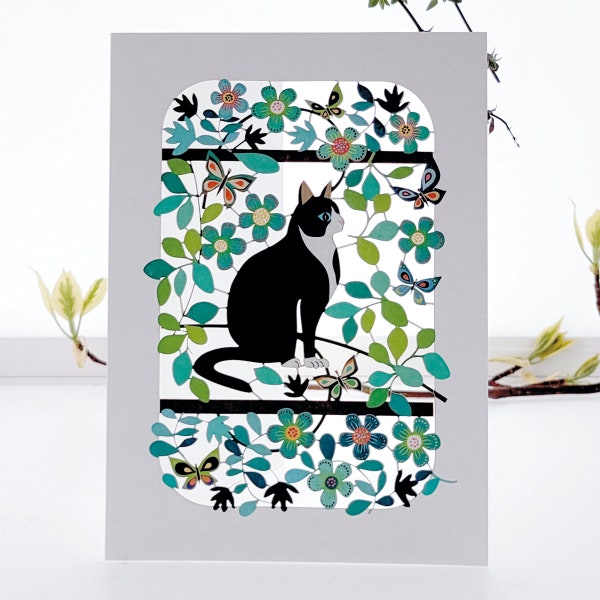 Cat & Butterflies - Blank Card - Birthday Card, Card for her, Card for him Made in the UK (PM200)