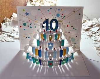 10th Birthday Pop Up Card, Age 10th Birthday Card,  Age 10 Card, Card for her, Card for him - Made in the UK (P010)