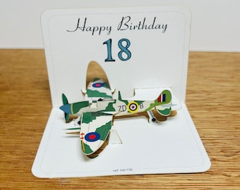 Mini Spitfire, Fighter Birthday plane ages,18,21,30,40,50,60,70,80,90, Plane Lover Card, Spitfire card, Mini Pop Up Card,