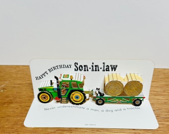 Mini Happy Birthday Tractor-kaart, Schoonzoon, Schoonvader, Zwager, Pop-upkaart, Kaart voor hem, Man, hond en een Tractorkaart