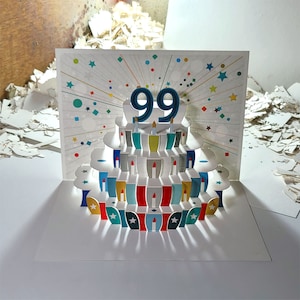 May include: A pop-up card with a colorful cake design. The cake has 99 candles and is decorated with red, blue, and green frosting. The card is perfect for a 99th birthday celebration.