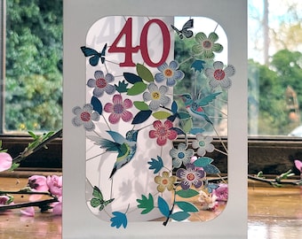 40th Hummingbird Card - Age 40th Birthday Card, 40 age birthday card, Card for her, Card for him - Made in the UK (GF-040)